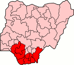 Map of Nigeria with the area considered part of the Niger Delta region in red. Map of Nigeria with the area considered part of the Niger Delta region in red.