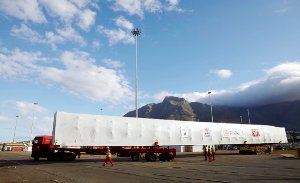 I-WEC's 50 metre wind turbine blade mould during transport to the company's workshop in Cape Town. I-WEC's 50 metre wind turbine blade mould during transport to the company's workshop in Cape Town.
