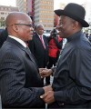 Room for trade growth between Africa’s two economic powerhouses South African President Jacob Zuma welcomed Nigerian President Goodluck Jonathan on arrival at Tuynhuys on a state visit to South Africa to strenghten bilateral and economic relations between South Africa and Nigeria.