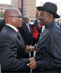 South African President Jacob Zuma welcomed Nigerian President Goodluck Jonathan on arrival at Tuynhuys on a state visit to South Africa to strenghten bilateral and economic relations between South Africa and Nigeria.