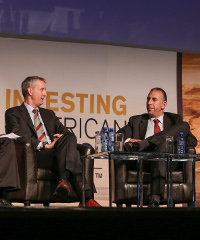 David Thomas (left) and Bert Koth (right) during a panel discussion on private equity's impact on the mining sector at the recent Investing in African Mining Indaba held in Cape Town.