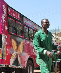 A recent creation by Peter Kanyallu, also known as Nyash, is a matatu dedicated to the movie Titanic. Photo by Hilary Heuler.
