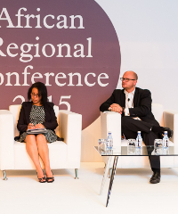 Mina Baliamoune (left) and Lyal White (right) discuss regional integration on the continent at the SWIFT African Regional Conference.