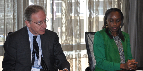 Maurizio Caio (left) and Omobola Johnson (right) talk about TLcom's VC fund for tech companies in sub-Saharan Africa during a roundtable discussion in Cape Town.