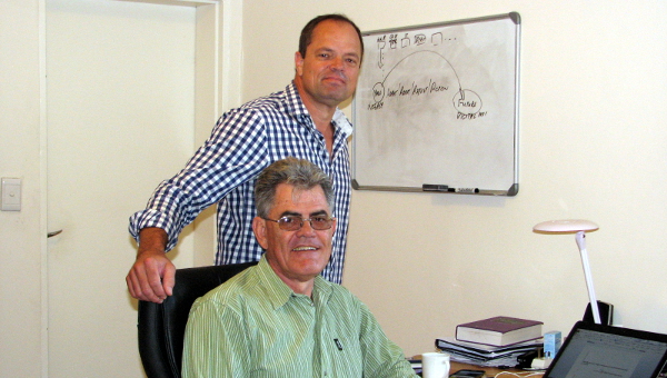 Deon Bezuidenhout and Lucas Greyling (seated) are the owners of DotXML, an IT company that develops the back-end technological solutions for insurers to specifically target the unbanked, informal trader, living on an average household income of US$8 a day.