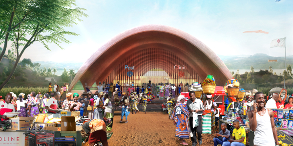 Artist's impression of the drone port's exterior and community. Picture supplied by Foster + Partners.