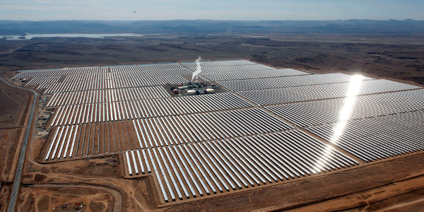 Aerial view of the solar plant of Ouarzazate, central Morocco, Thursday, Feb.4, 2016. Morocco unveils what's billed as the world's biggest solar plant, taking advantage of the Sahara sunshine and a growing push for renewable energy. (AP Photo/Abdeljalil Bounhar)